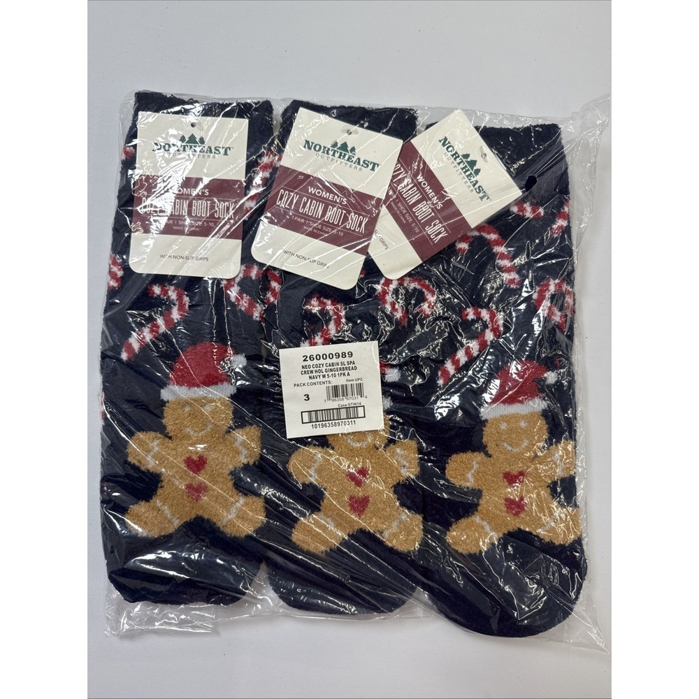 Cozy Cabin Boot Sock CREW Holiday Gingerbread Navy Women's Lot Of 3 Sz Med 5-10